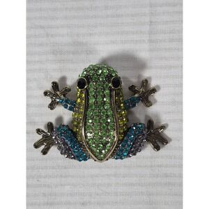 OPC CN Frog Brooch Multicolored Rhinestone Antiqued Gold Tone Animal Pin